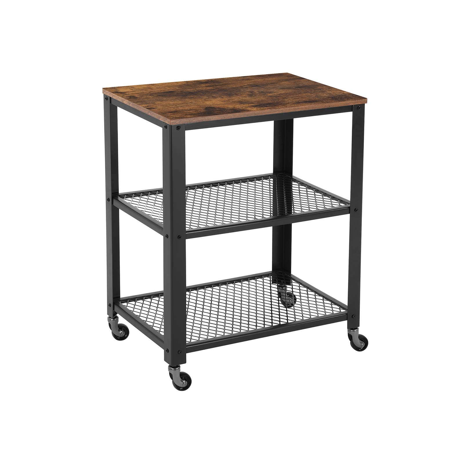 Bijzettafel – trolley – 3 planken – op wielen – industrieel – bruin