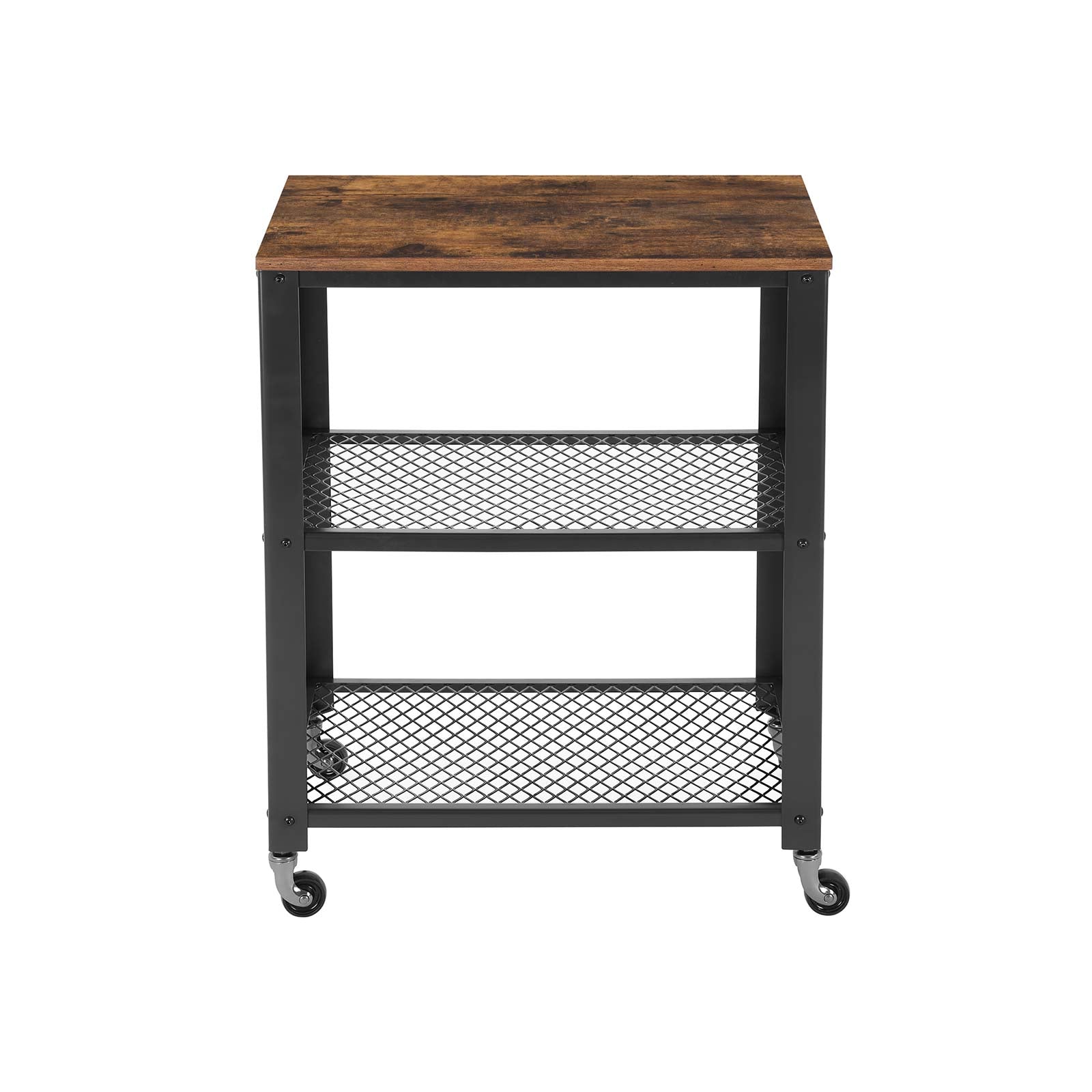 Bijzettafel – trolley – 3 planken – op wielen – industrieel – bruin