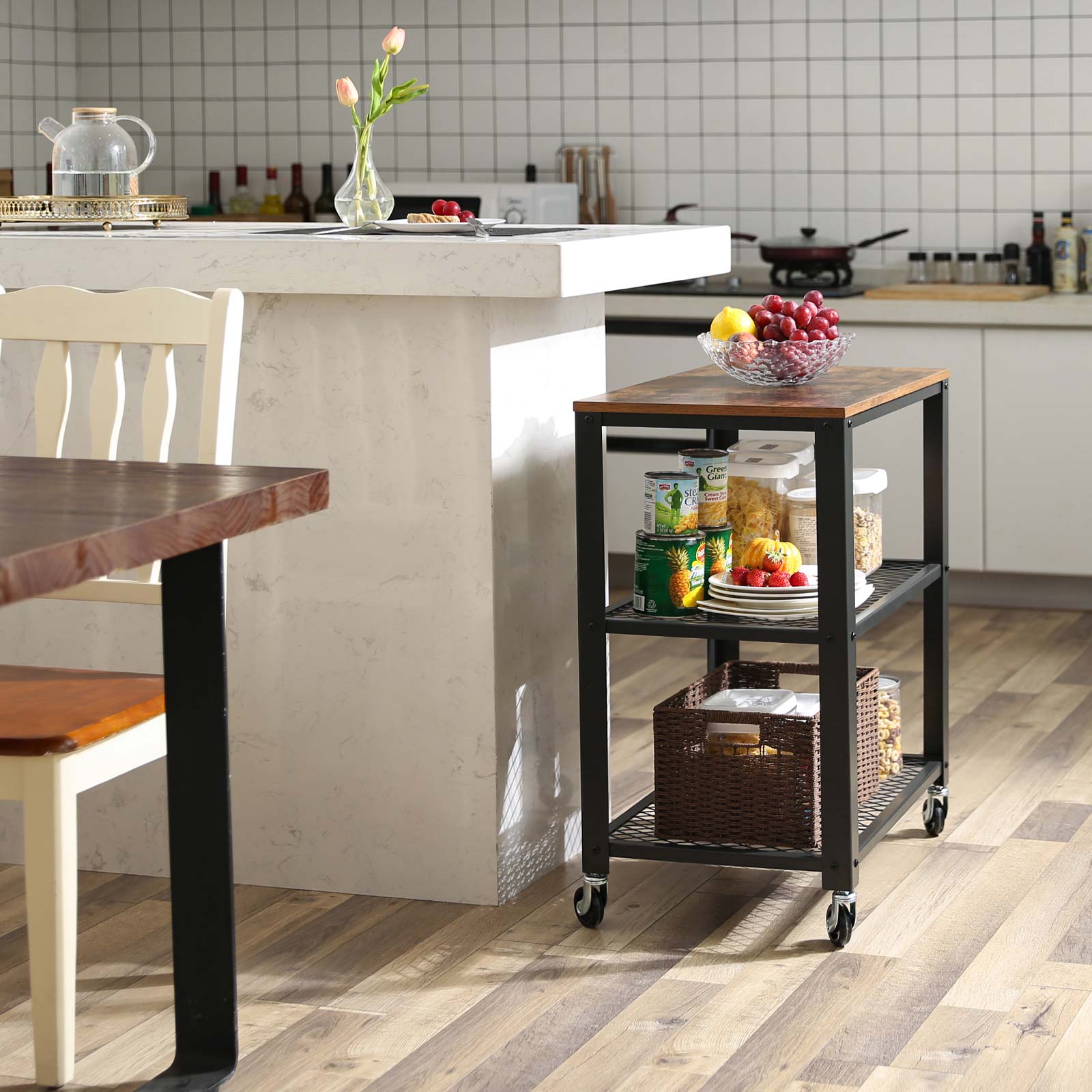 Bijzettafel – trolley – 3 planken – op wielen – industrieel – bruin
