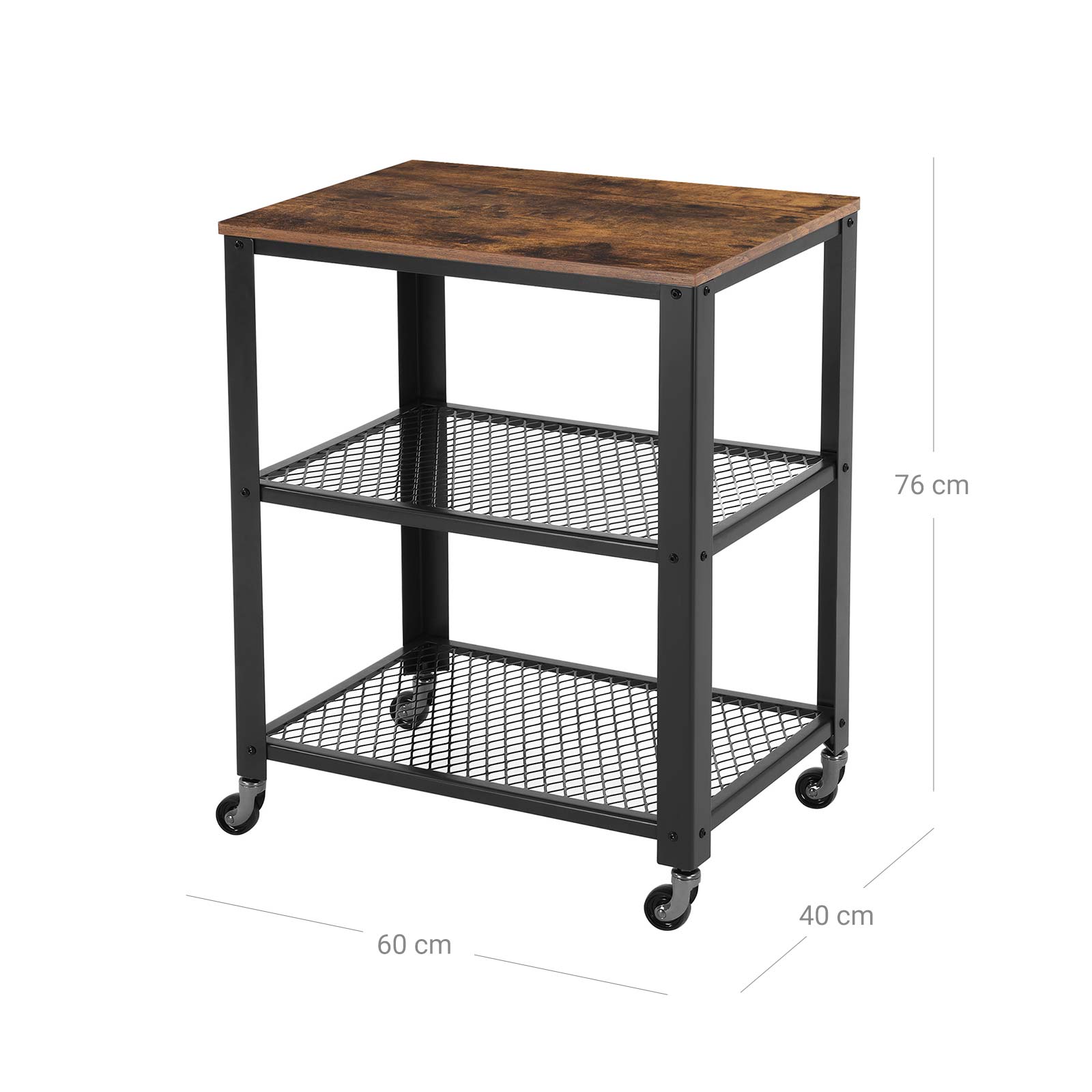 Bijzettafel – trolley – 3 planken – op wielen – industrieel – bruin