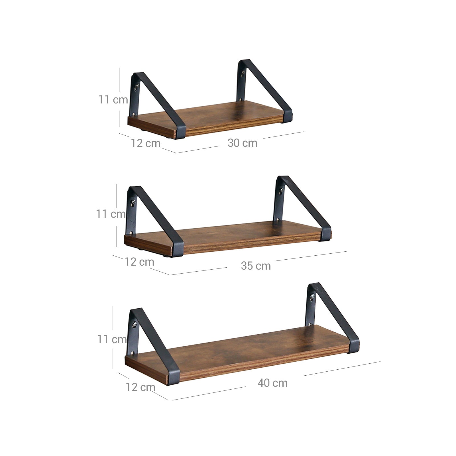 Wandplanken set van 3 – Zwevend ontwerp – Vintage bruin-zwart