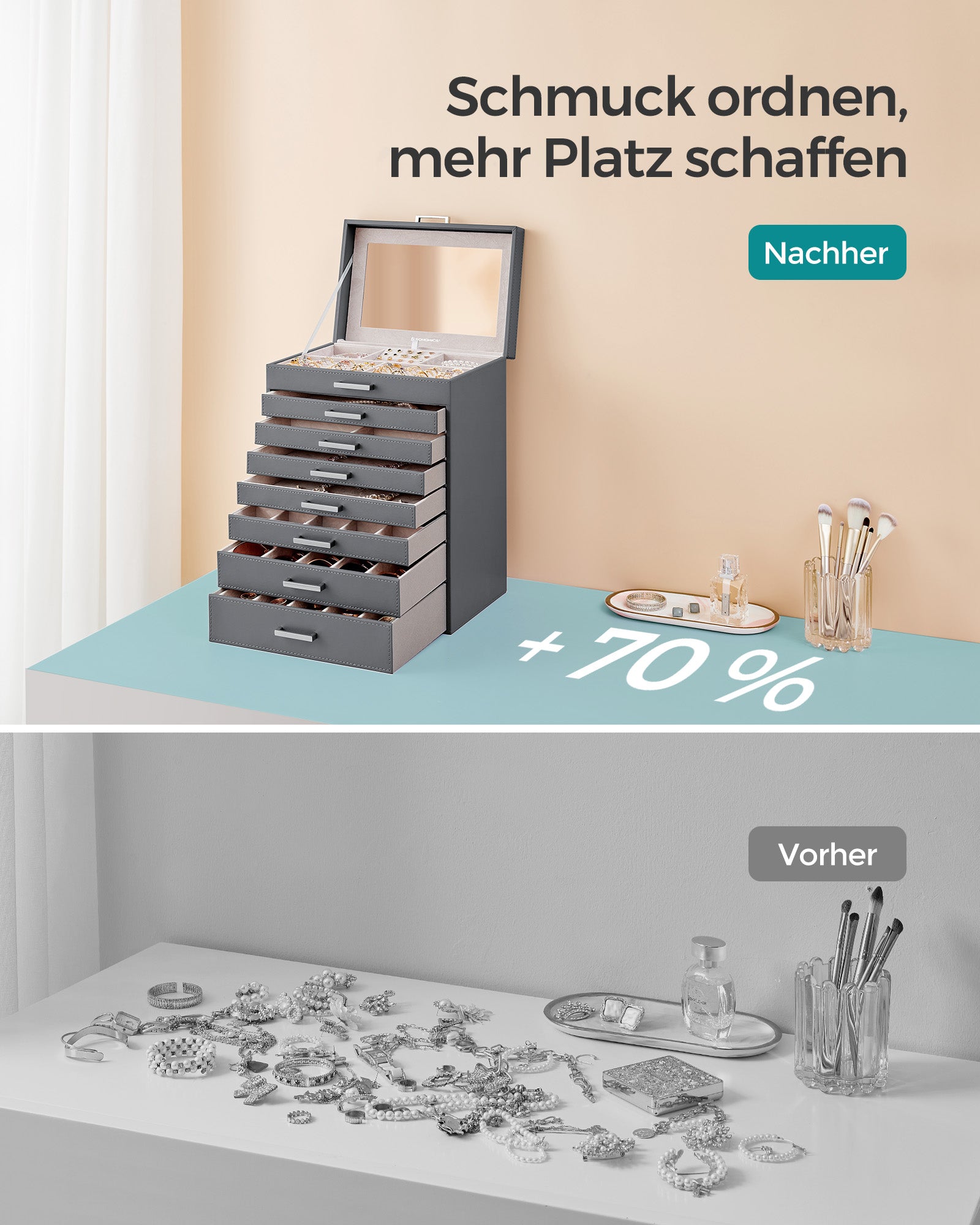 Sieradendoos - 8 Lagen - 7 Lades - Met Grote Spiegel - Leigrijs