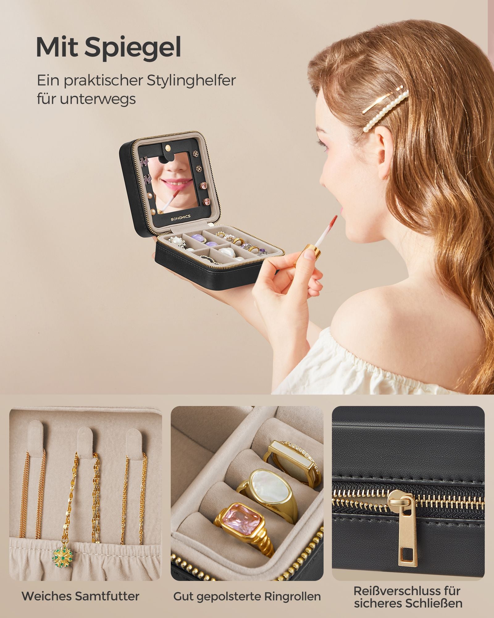 Sieradendoosje met spiegel en fluweel inktzwart