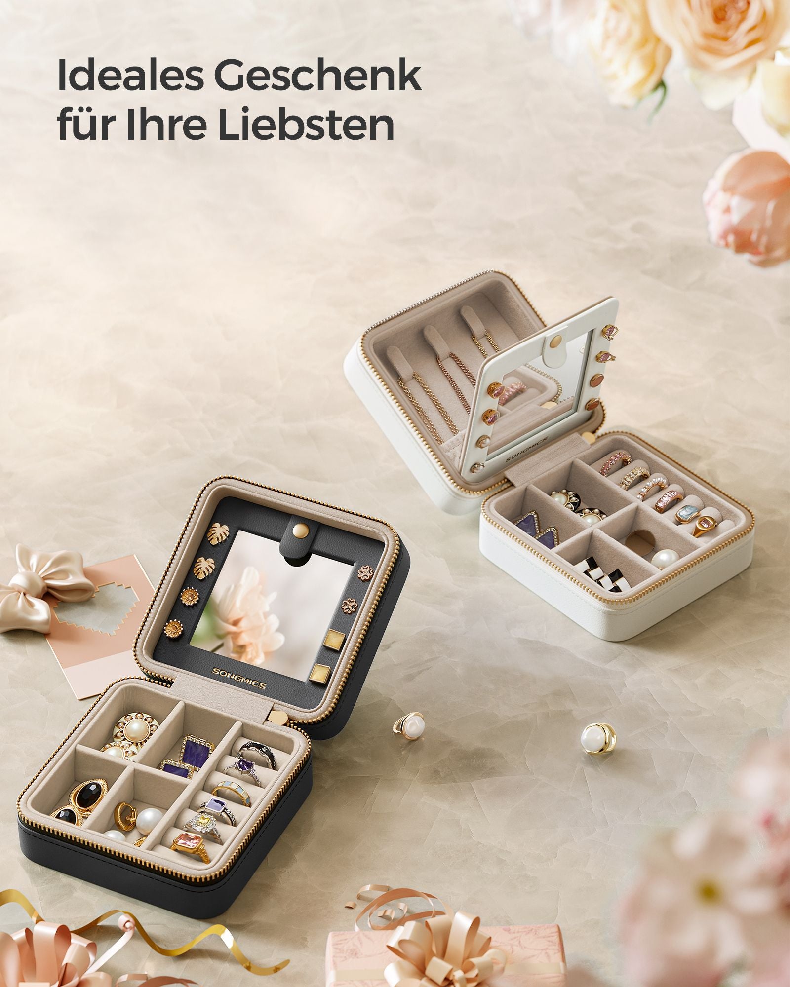 Sieradendoosje – met spiegel – PU-cover – cadeau-idee – inktzwart
