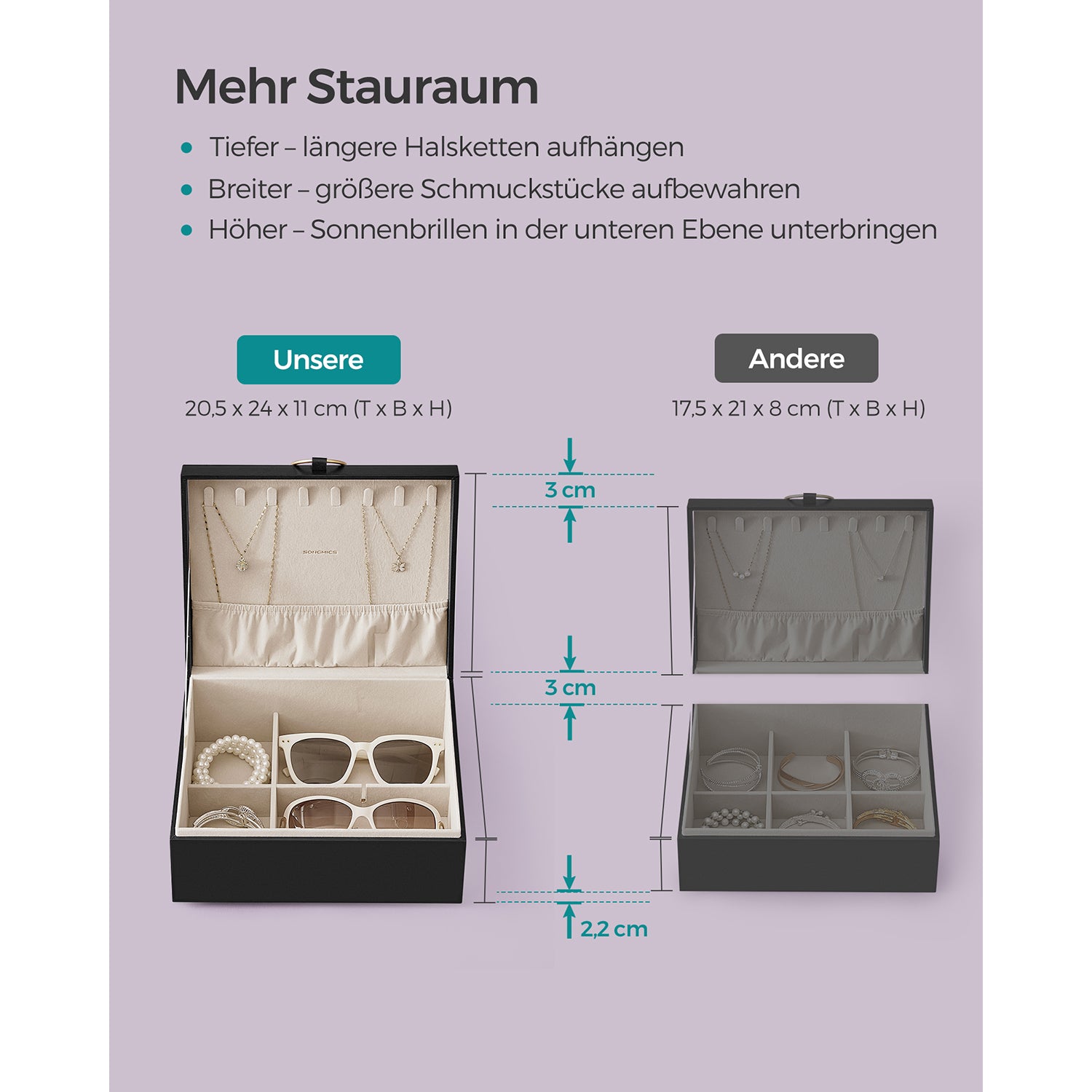 Sieradendoos – 2 niveaus – met handvat – flexibel sieradenbakje – zwart