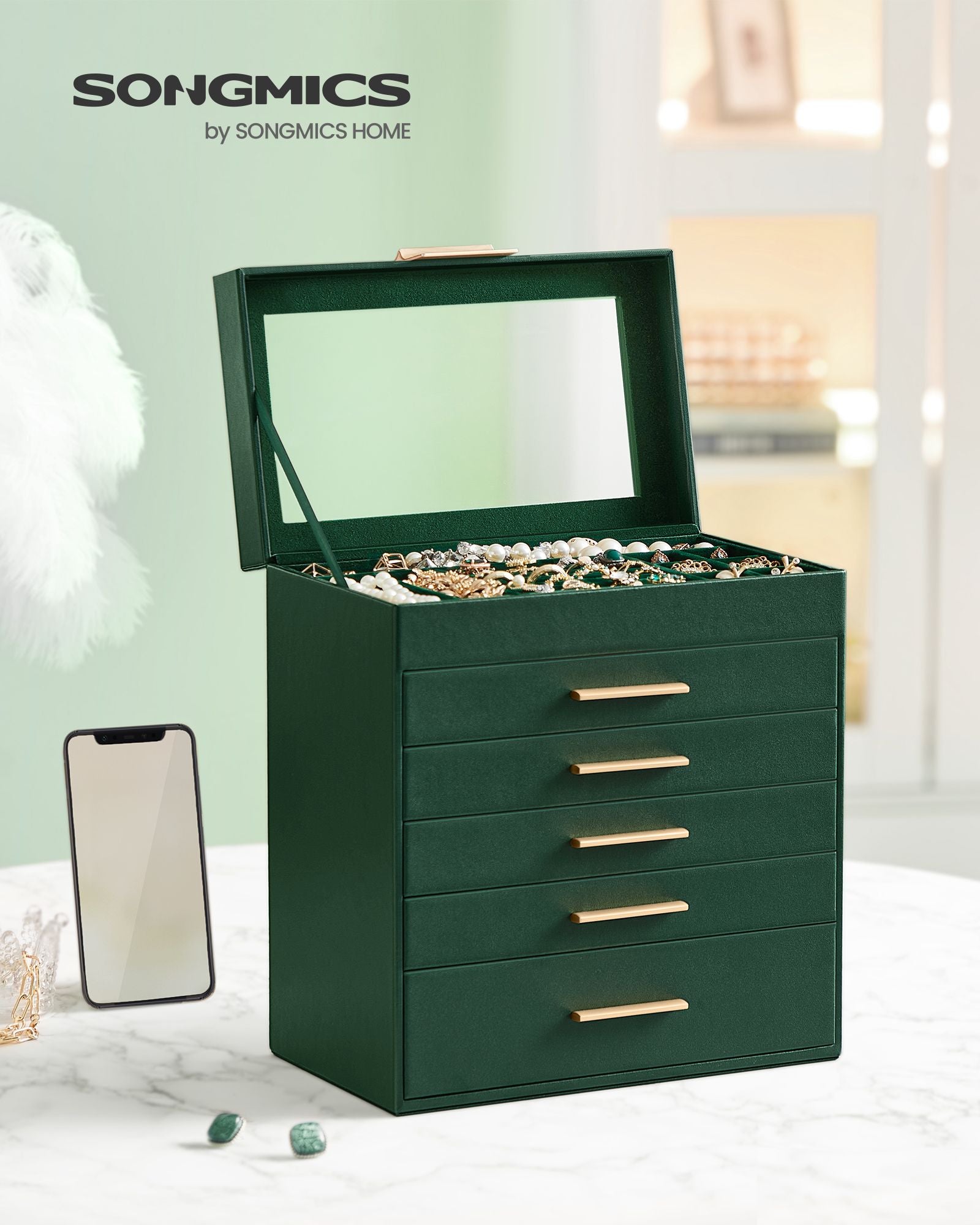 Sieradendoos – 5 lades – modern – bosgroen-goud