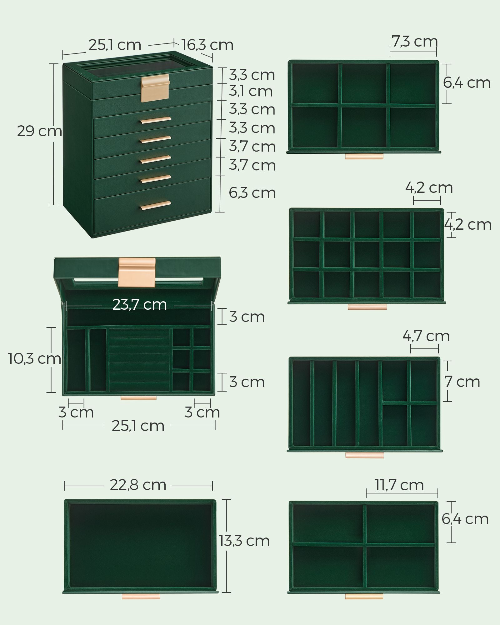 Sieradendoos – 5 lades – modern – bosgroen-goud