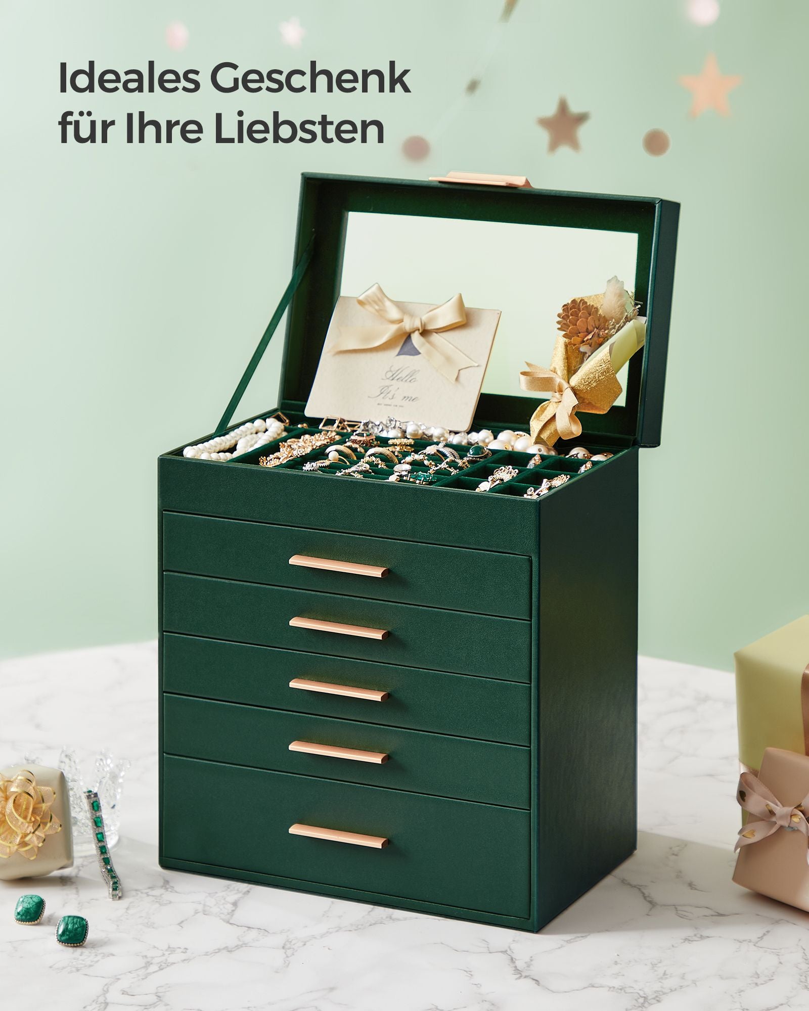Sieradendoos – 5 lades – modern – bosgroen-goud