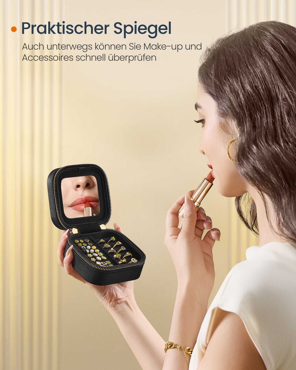 Sieradendoosje voor op Reis – Met Spiegel – PU-leer met Ruitstiksel – Inktzwart