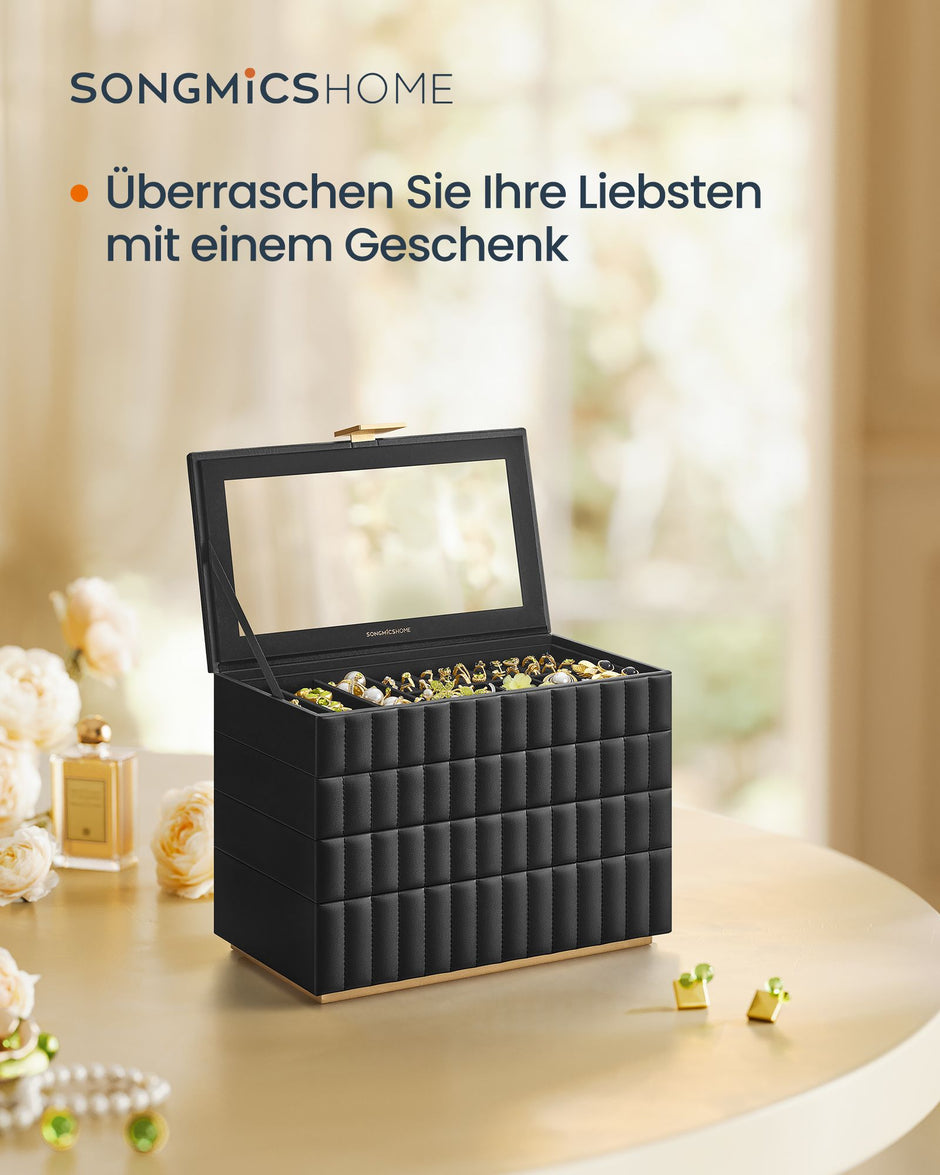 Sieradendoosje met Spiegel en 4 Niveaus - Inkt Zwart