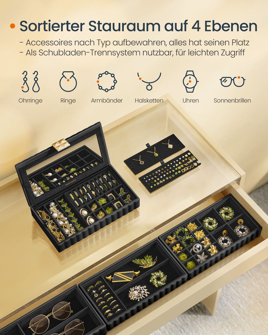 Sieradendoosje met Spiegel en 4 Niveaus - Inkt Zwart