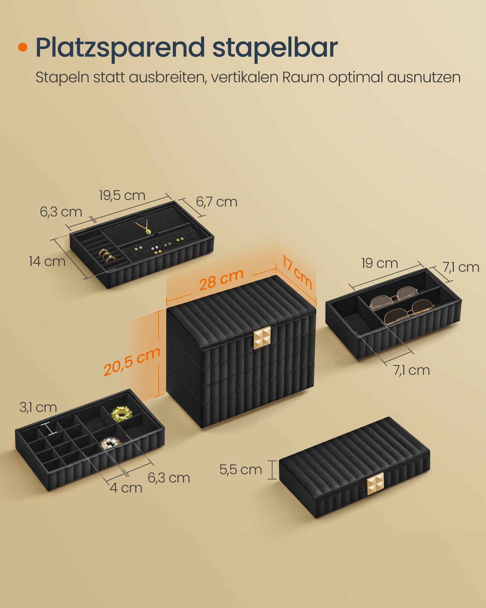 Sieradendoosje met Spiegel en 4 Niveaus - Inkt Zwart
