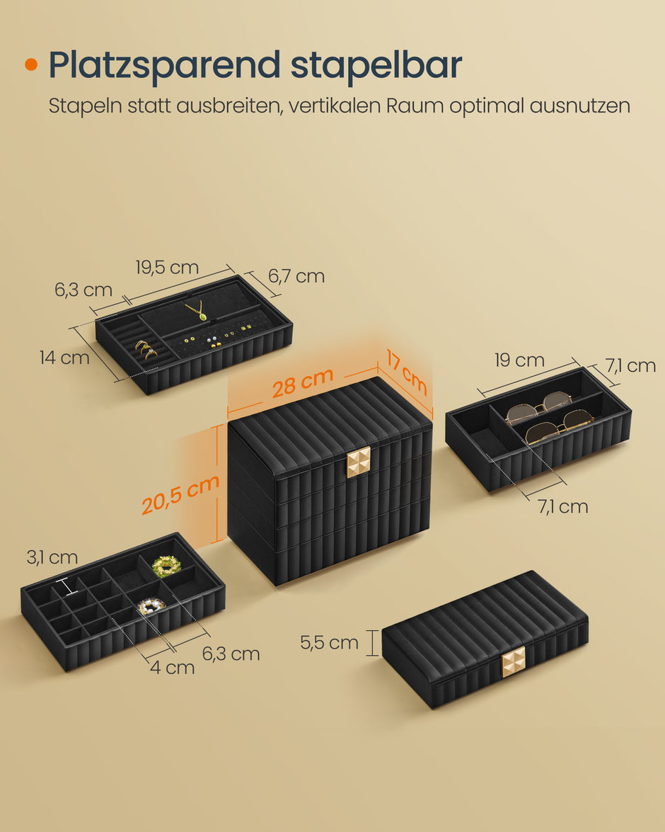 Sieradendoosje met Spiegel en 4 Niveaus - Inkt Zwart