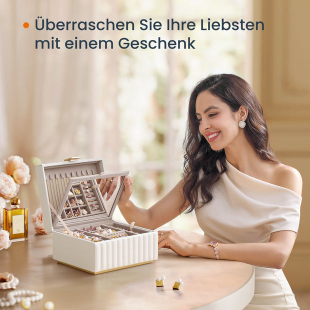 Sieradendoos – 2 Niveaus met Spiegel – Wit en Goud