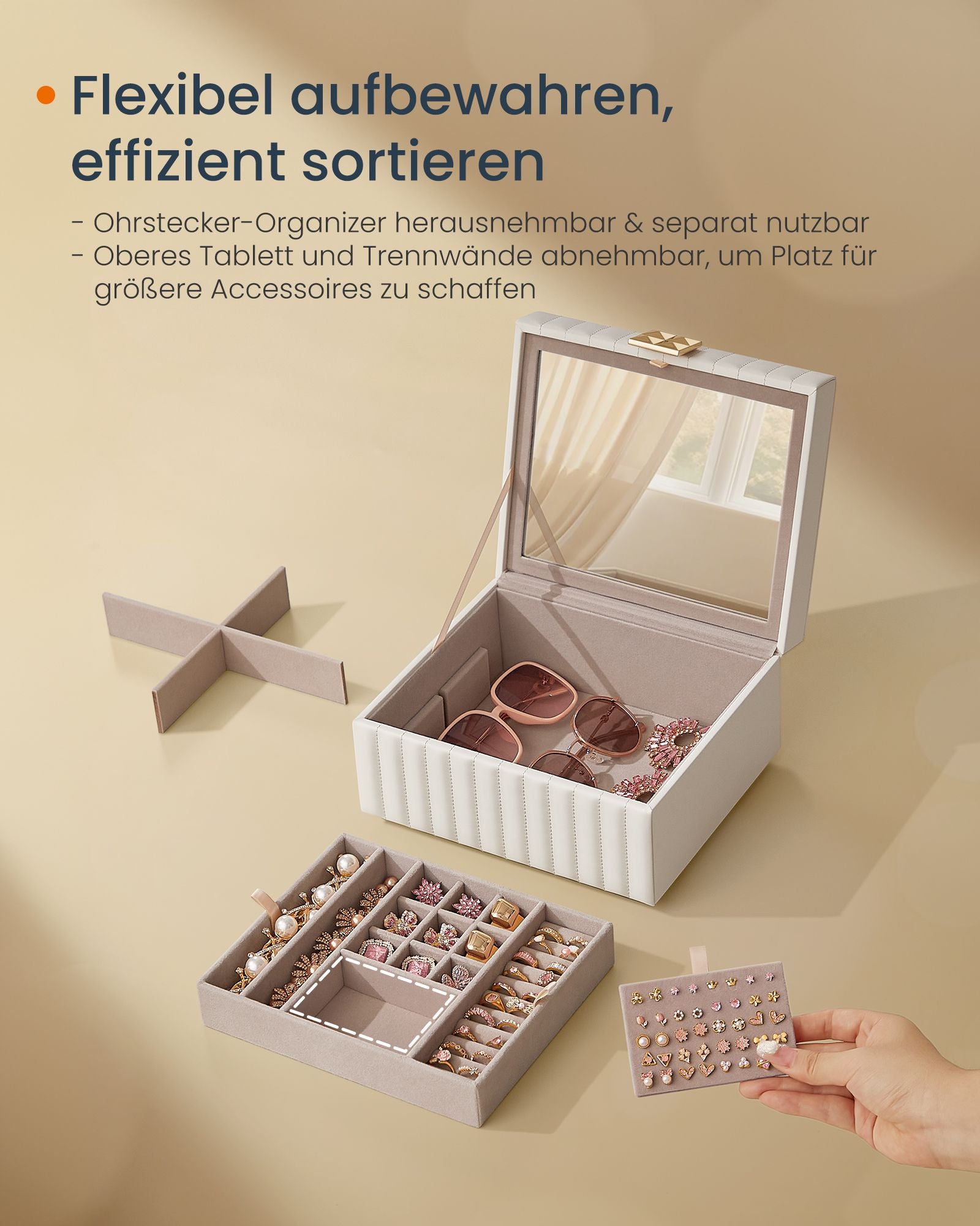 Sieradendoos – 2 Niveaus met Spiegel – Wit en Goud