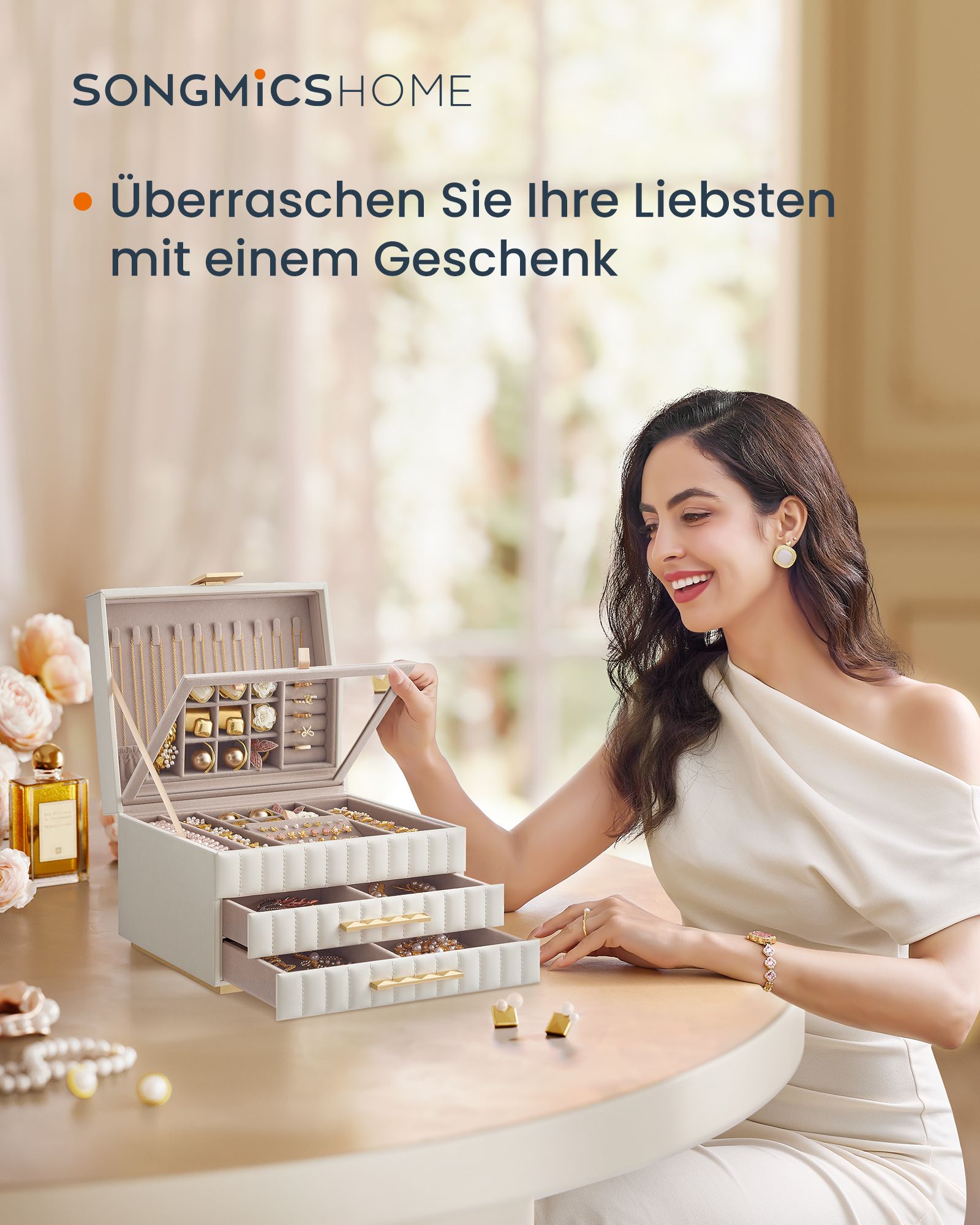Songmics Home Anah Collectie - Sieradendoosje Met Spiegel 3 Niveaus Wolkwit