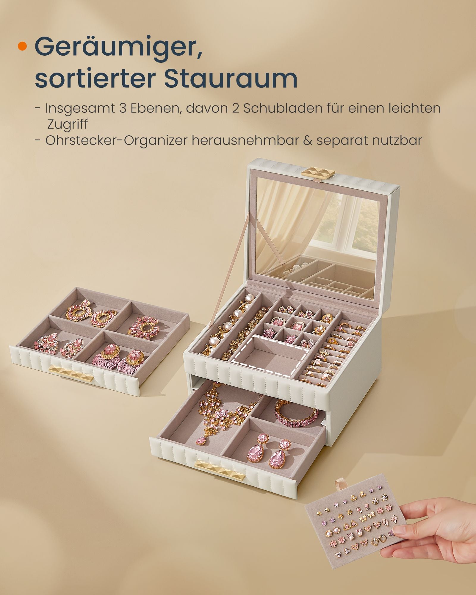 Songmics Home Anah Collectie - Sieradendoosje Met Spiegel 3 Niveaus Wolkwit