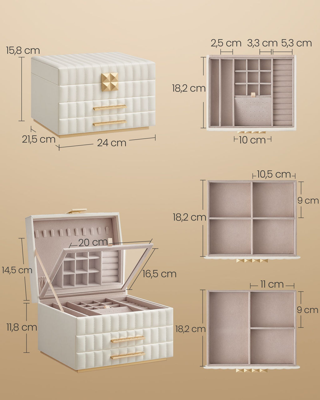 Songmics Home Anah Collectie - Sieradendoosje Met Spiegel 3 Niveaus Wolkwit