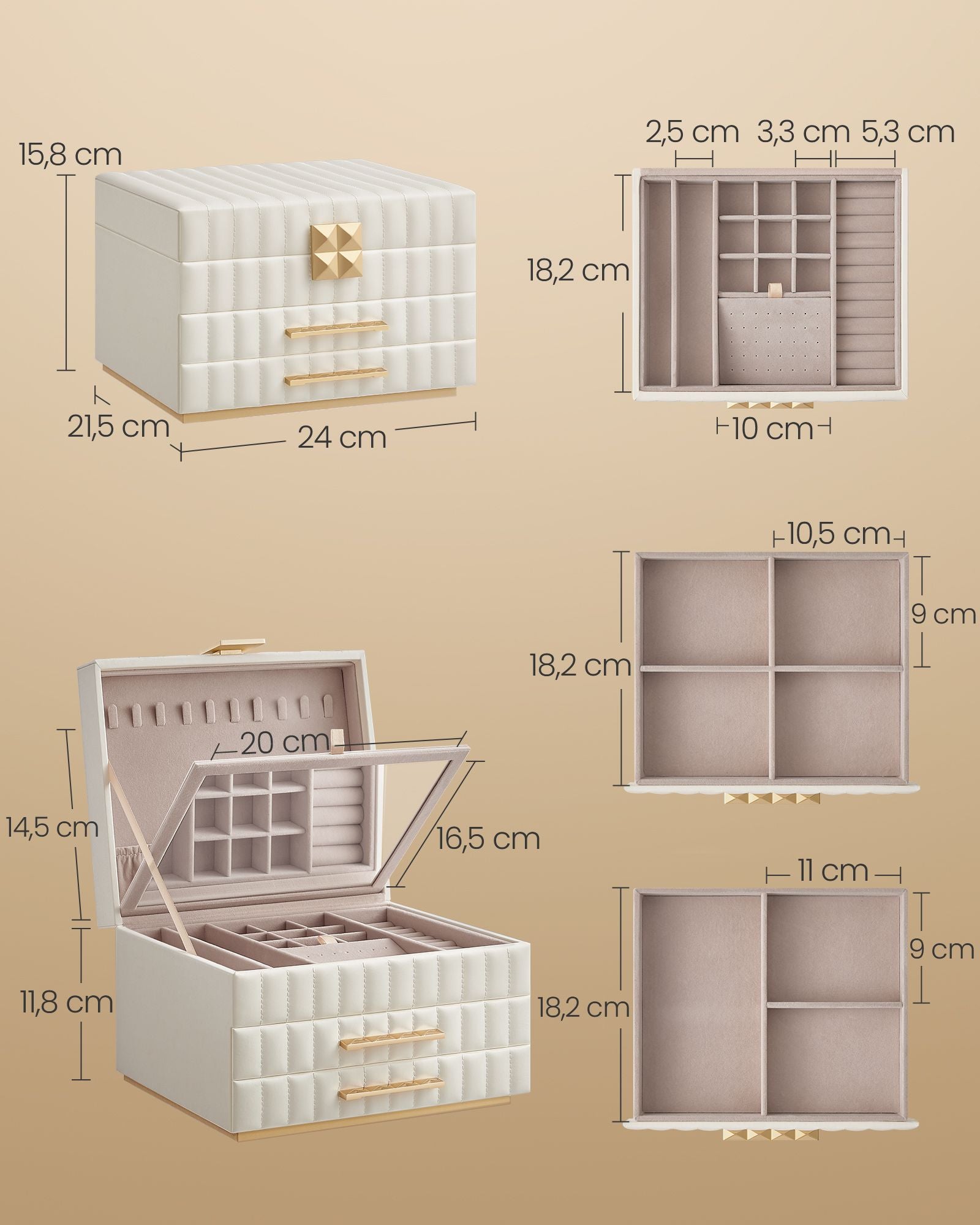 Songmics Home Anah Collectie - Sieradendoosje Met Spiegel 3 Niveaus Wolkwit