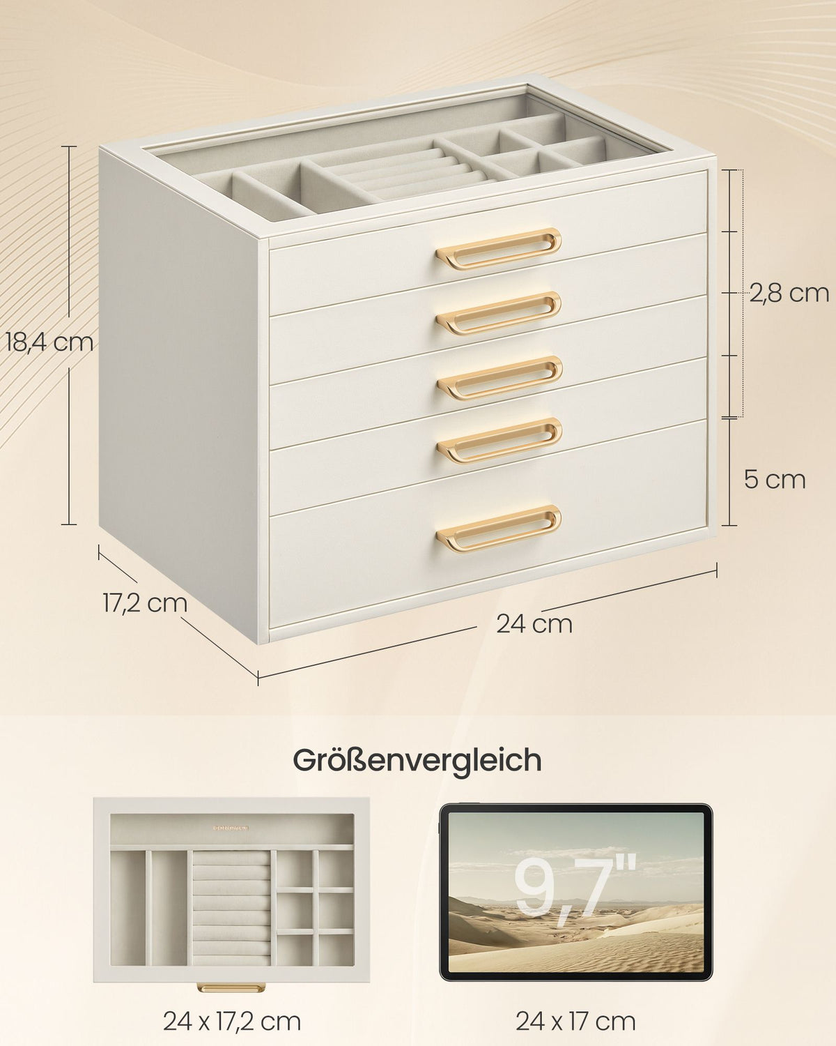Grote Sieradendoos – Glazen Deksel – 5 Niveaus – Crèmewit en Wit