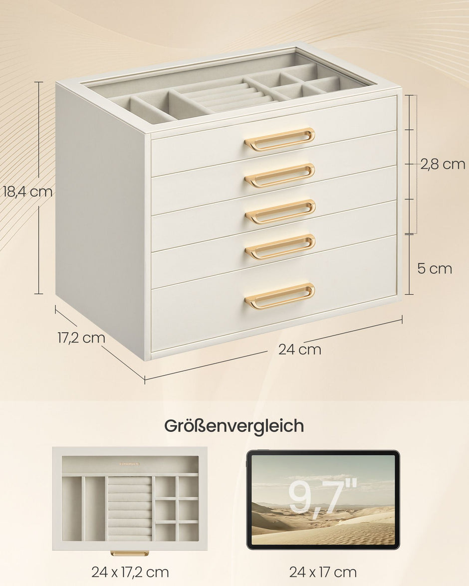 Grote Sieradendoos – Glazen Deksel – 5 Niveaus – Crèmewit en Wit