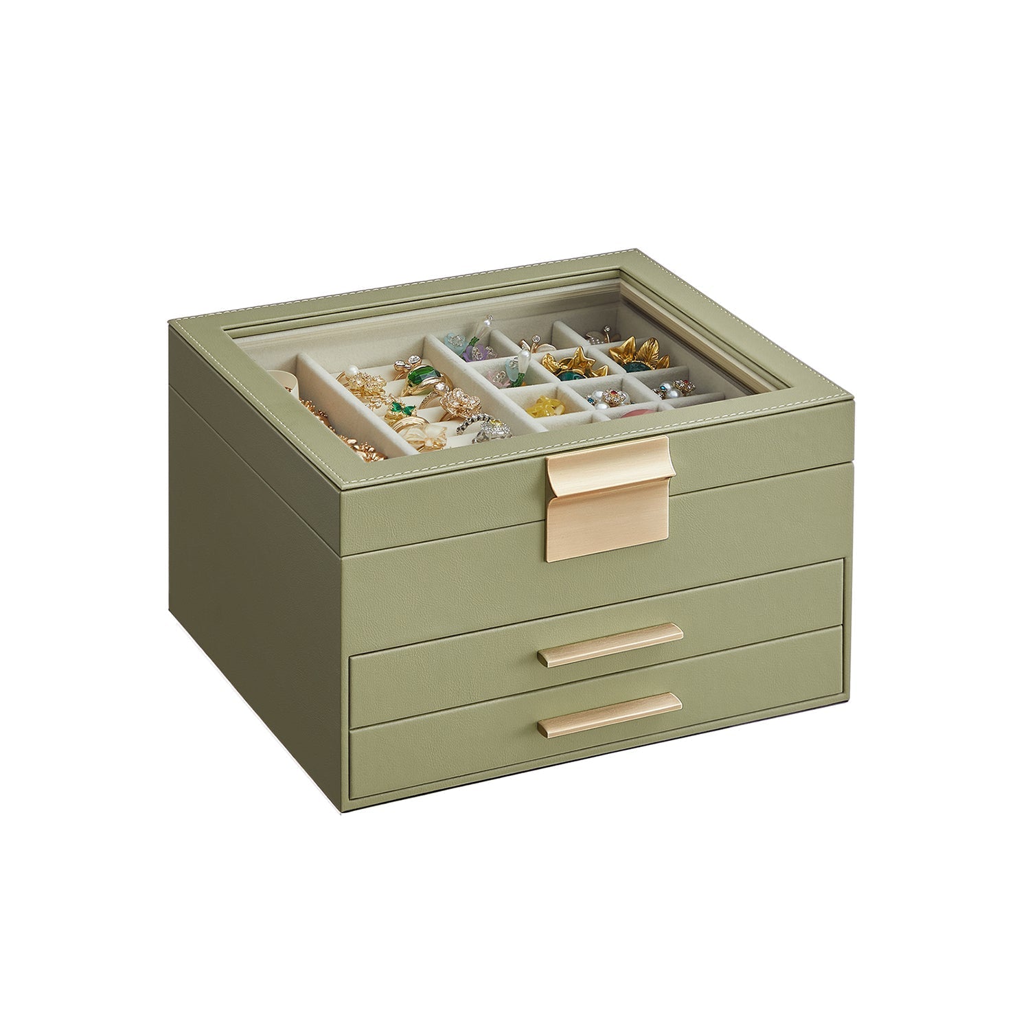 Sieradendoos – Glazen deksel en 2 lades – Wit