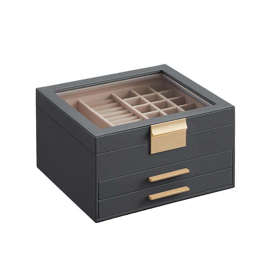 Sieradendoos – Glazen deksel en 2 lades – Wit