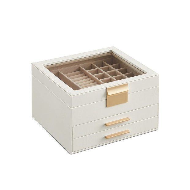 Sieradendoos – Glazen deksel en 2 lades – Wit