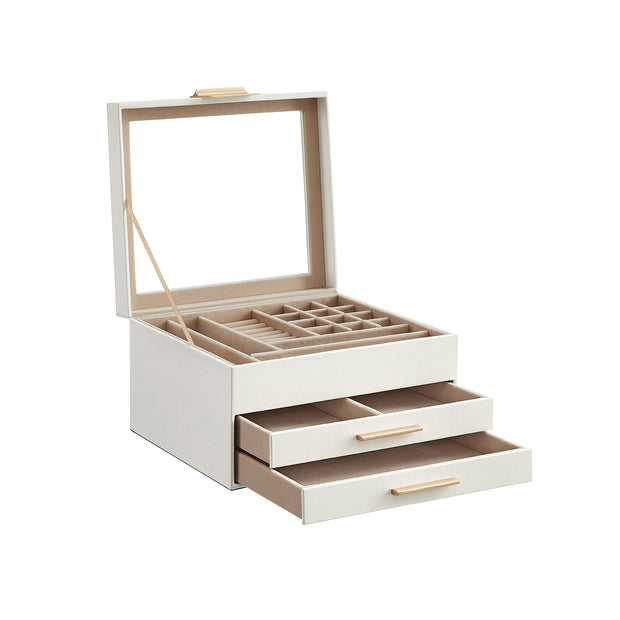 Sieradendoos – Glazen deksel en 2 lades – Wit