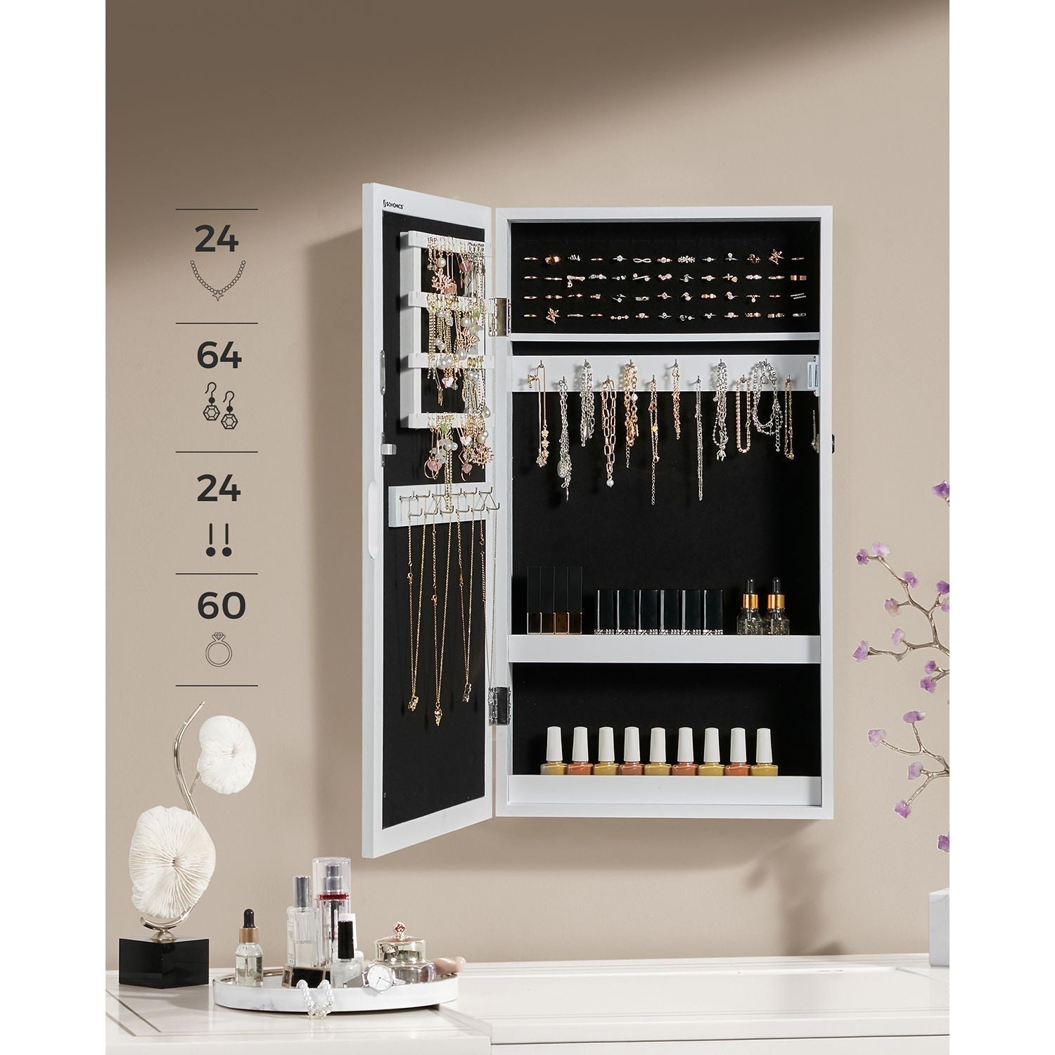 Sieradenkast – hangend – met spiegel – met slot – wit