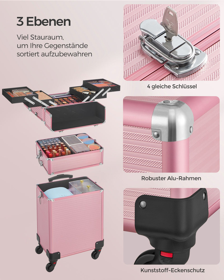 Cosmetische kofferwagen – 3-in-1 make-upkoffer – pastelroze