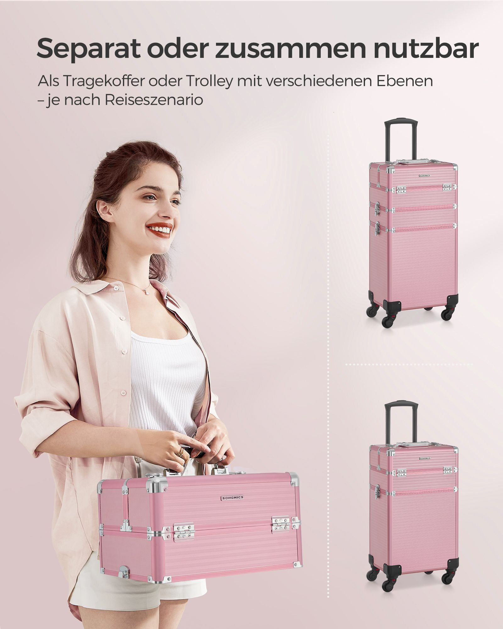 Cosmetische kofferwagen – 3-in-1 make-upkoffer – pastelroze
