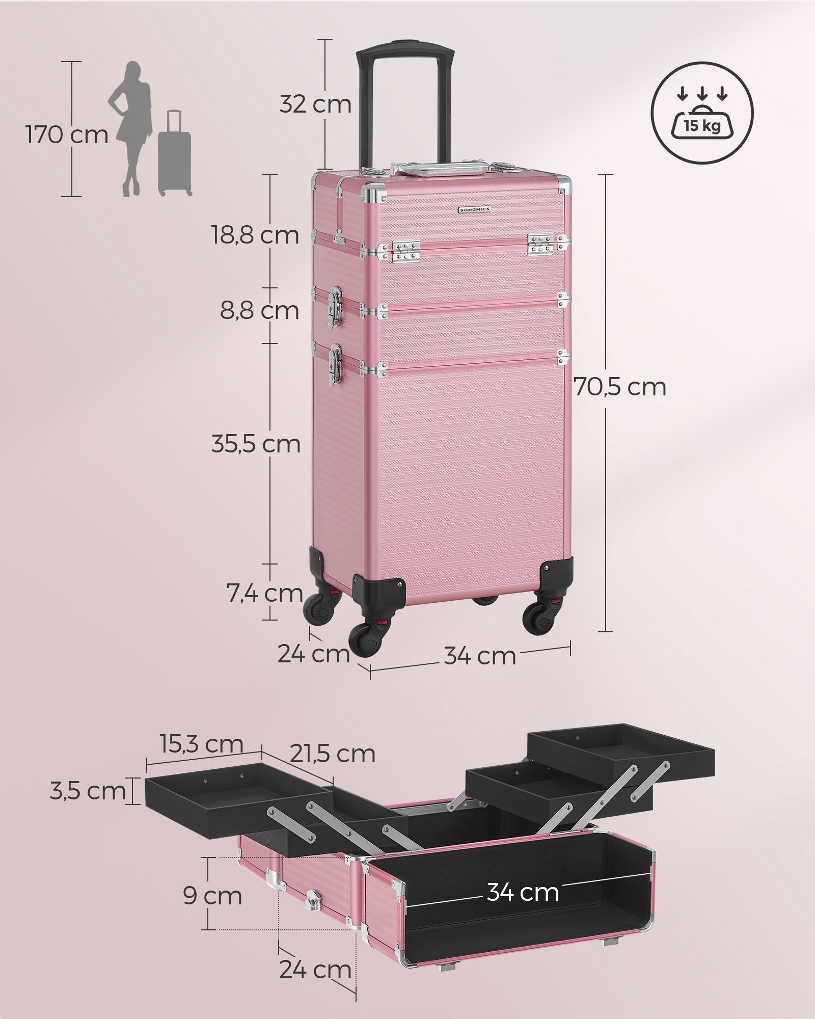 Cosmetische kofferwagen – 3-in-1 make-upkoffer – pastelroze