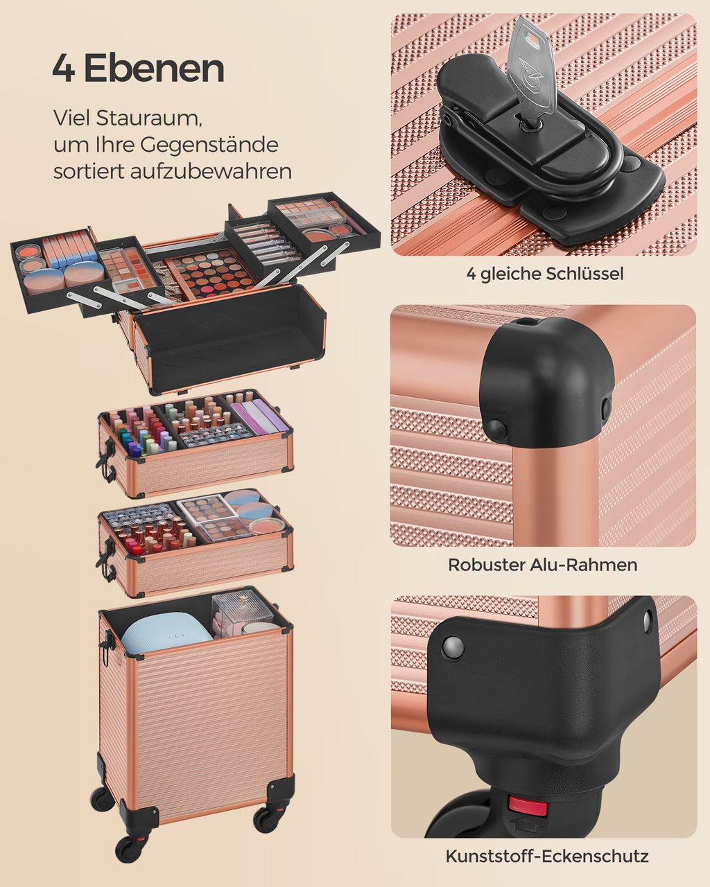Cosmetische kofferwagen – 4-in-1 – make-upkoffer – champagne goud