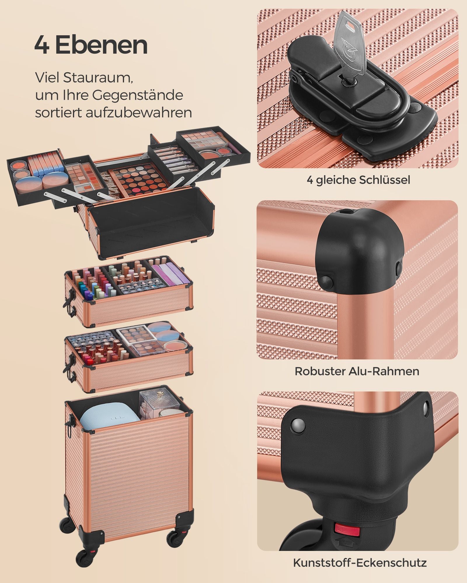 Cosmetische kofferwagen – 4-in-1 – make-upkoffer – champagne goud
