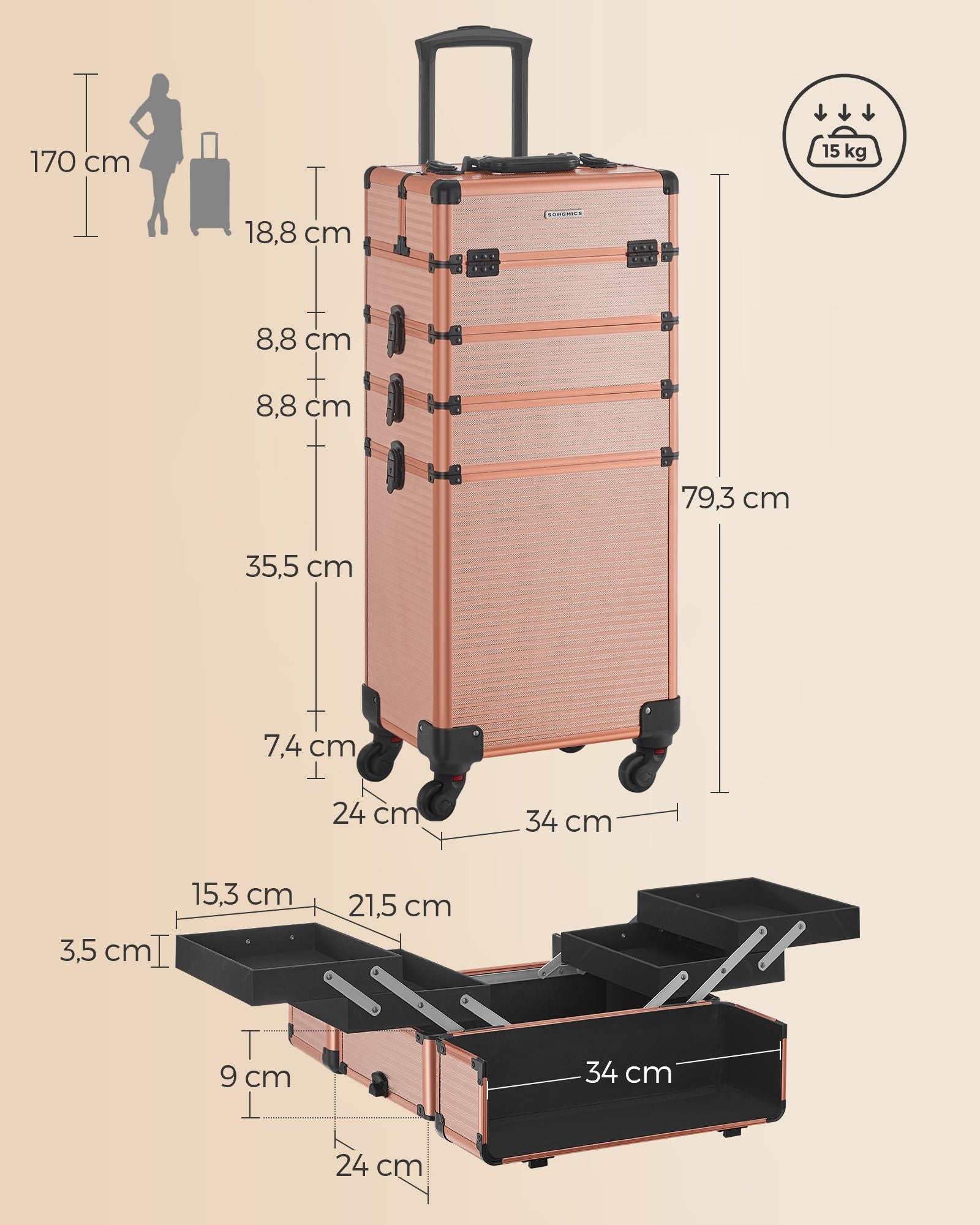 Cosmetische kofferwagen – 4-in-1 – make-upkoffer – champagne goud