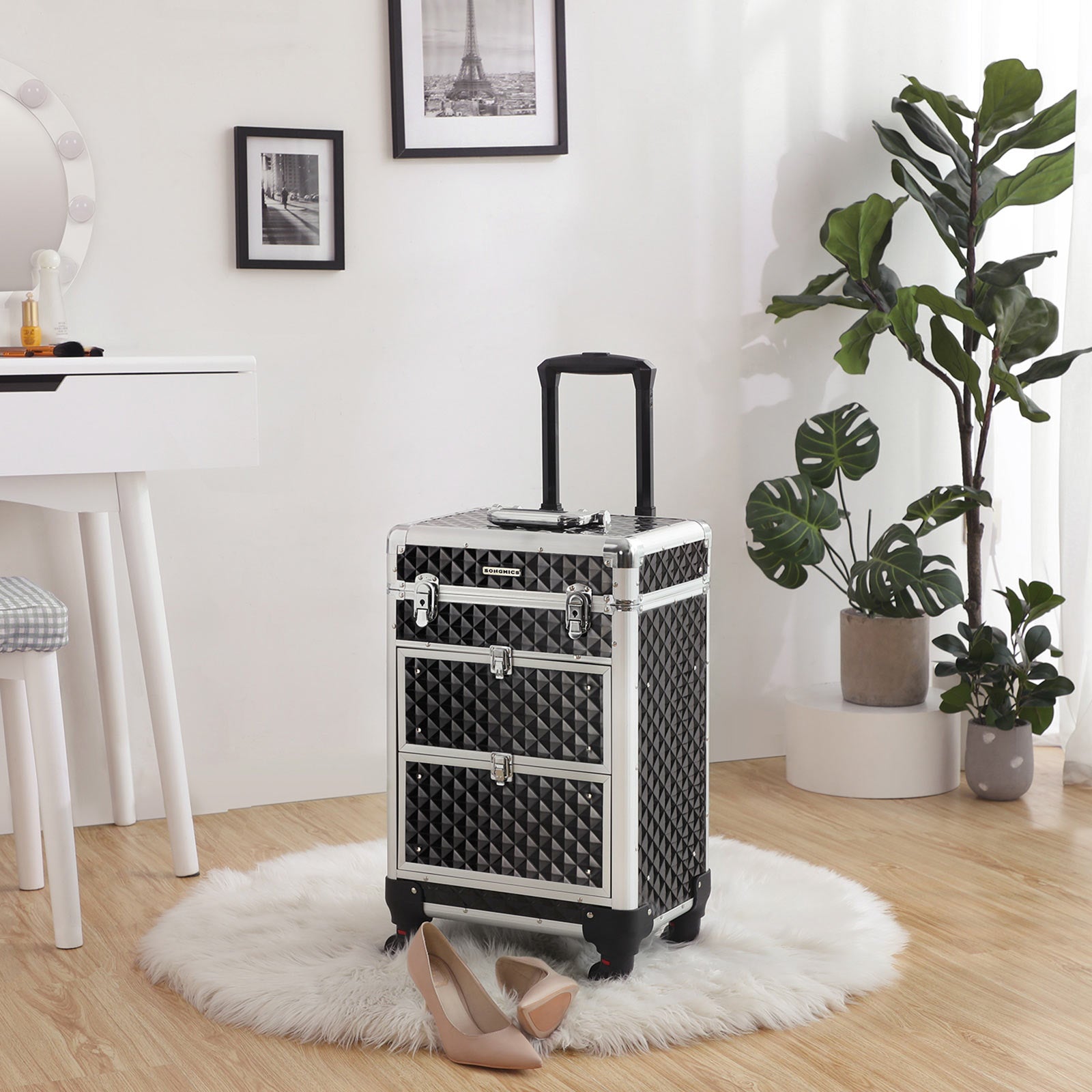 Make-up koffer - Professionele trolley - Kapperskoffer met 4 wielen - Zwart