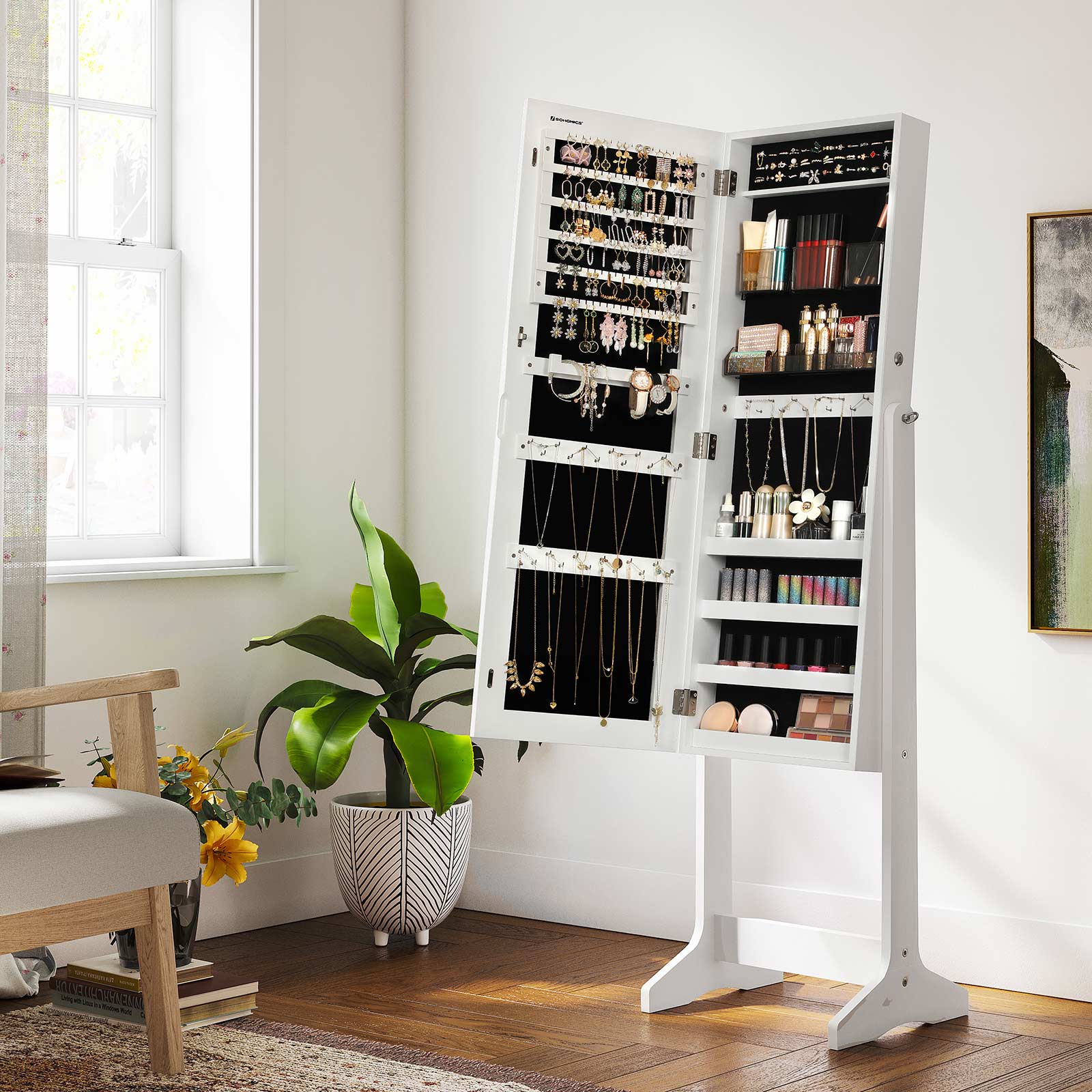 Sieradenkast – Staande spiegel met 2 make-up organizers – Wit