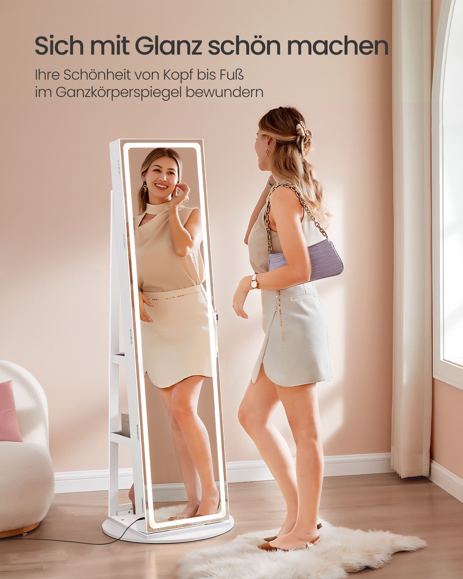 Sieradenkastje met LED-verlichting en spiegel wolkwit