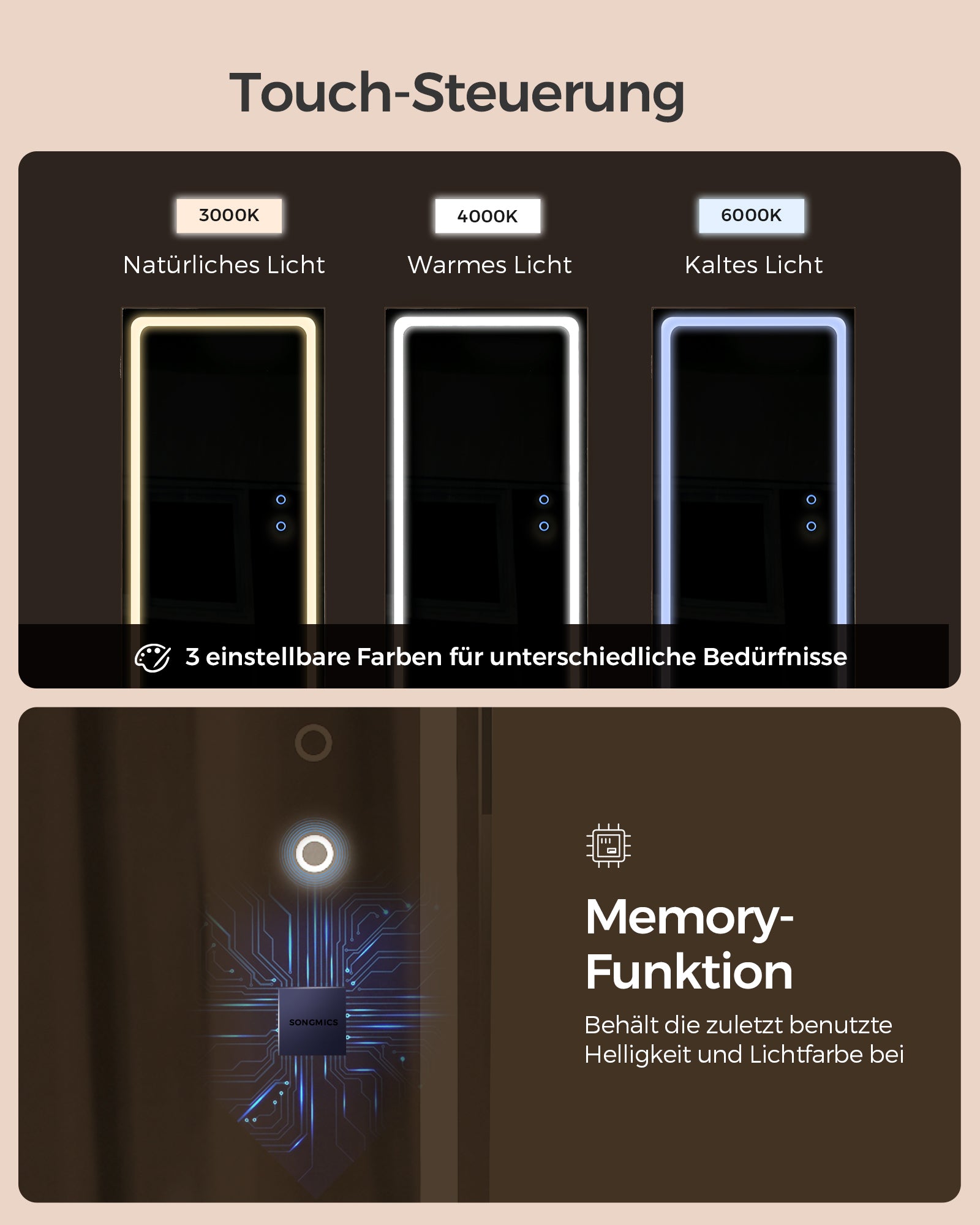 Sieradenkastje met LED-verlichting en spiegel wolkwit