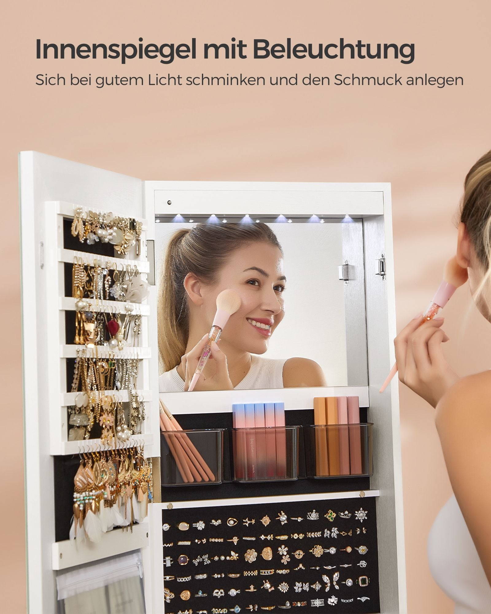 Sieradenkastje met LED-verlichting en spiegel wolkwit