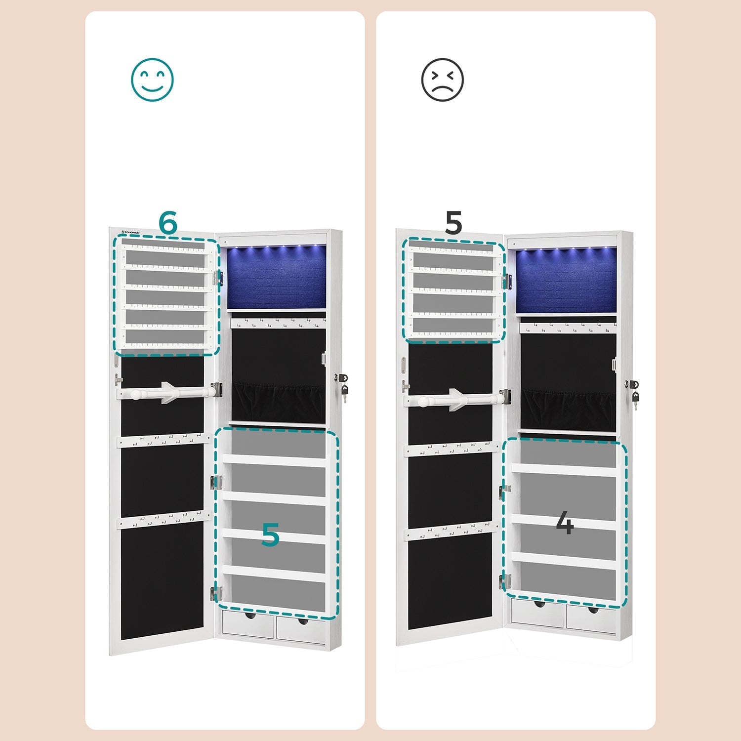 Sieradenkast – Hangende spiegel met LED-verlichting – Wit