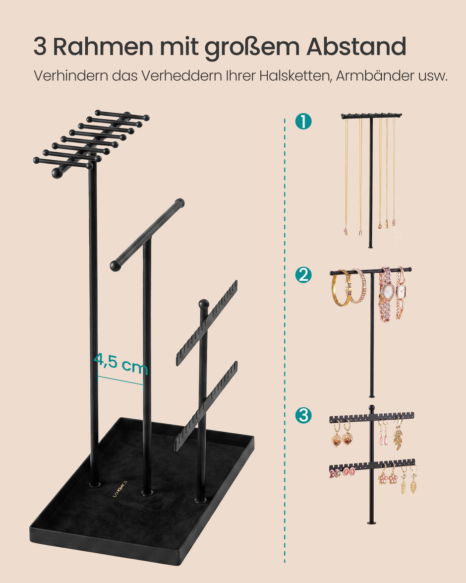 Sieradenstandaard - Van Metaal met Fluwelen Blad - Inktzwart - 11 x 18 x 29,5 cm