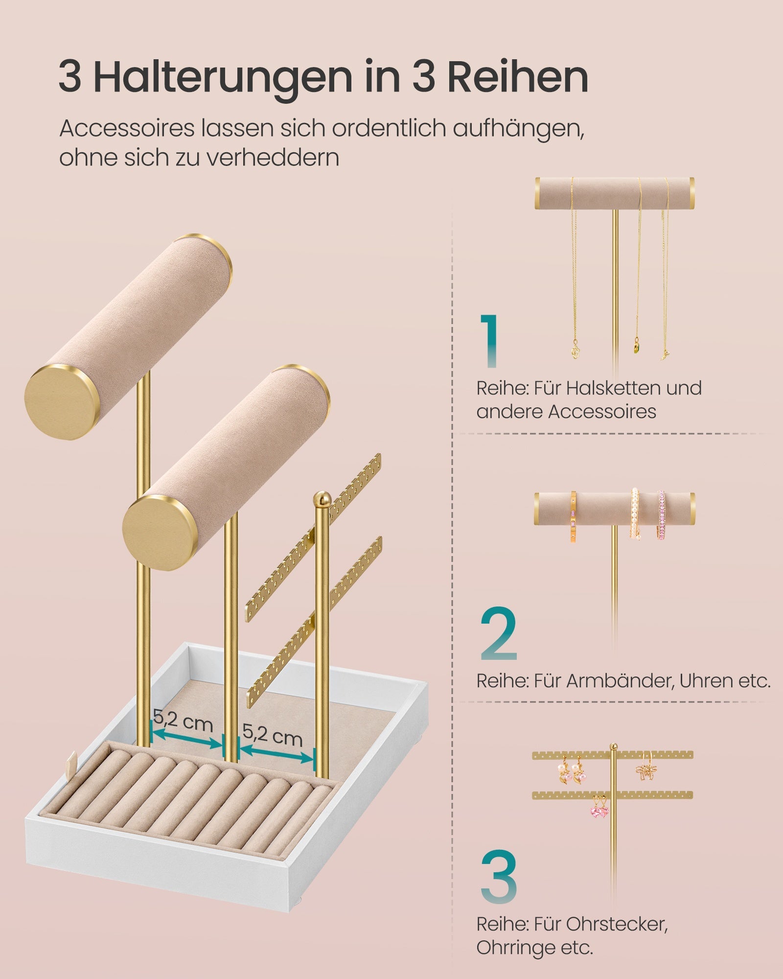 Sieradenhouder - 15 x 22 x 29,2 cm - Lichtgoud en camelbruin fluweel - Capaciteit voor armbanden en oorbellen - 0,6 kg
