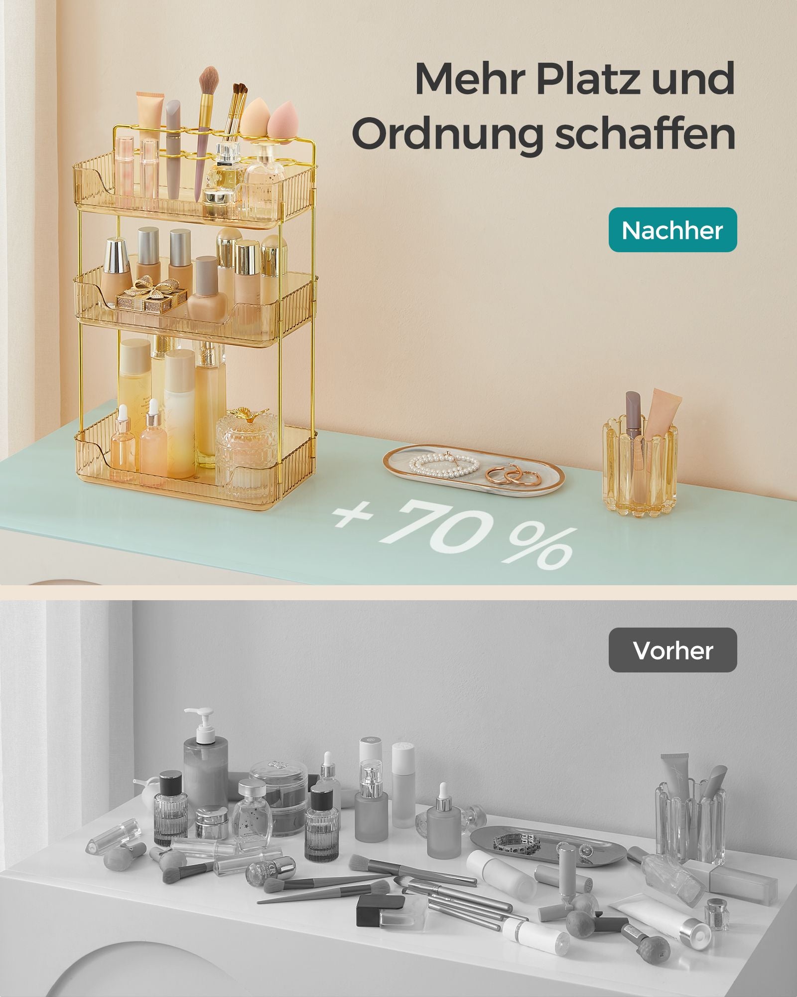 Make-up organizer – rechthoekig – cadeau-idee – champagnegoud