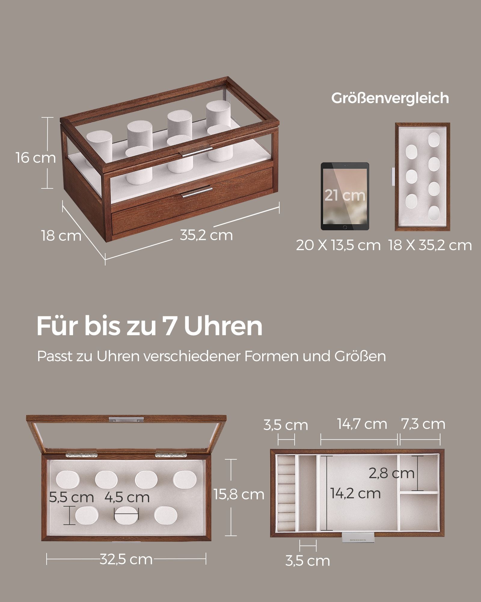 Horlogedoos – 2 niveaus – 7 horlogekussens – cadeau-idee – koffiebraun