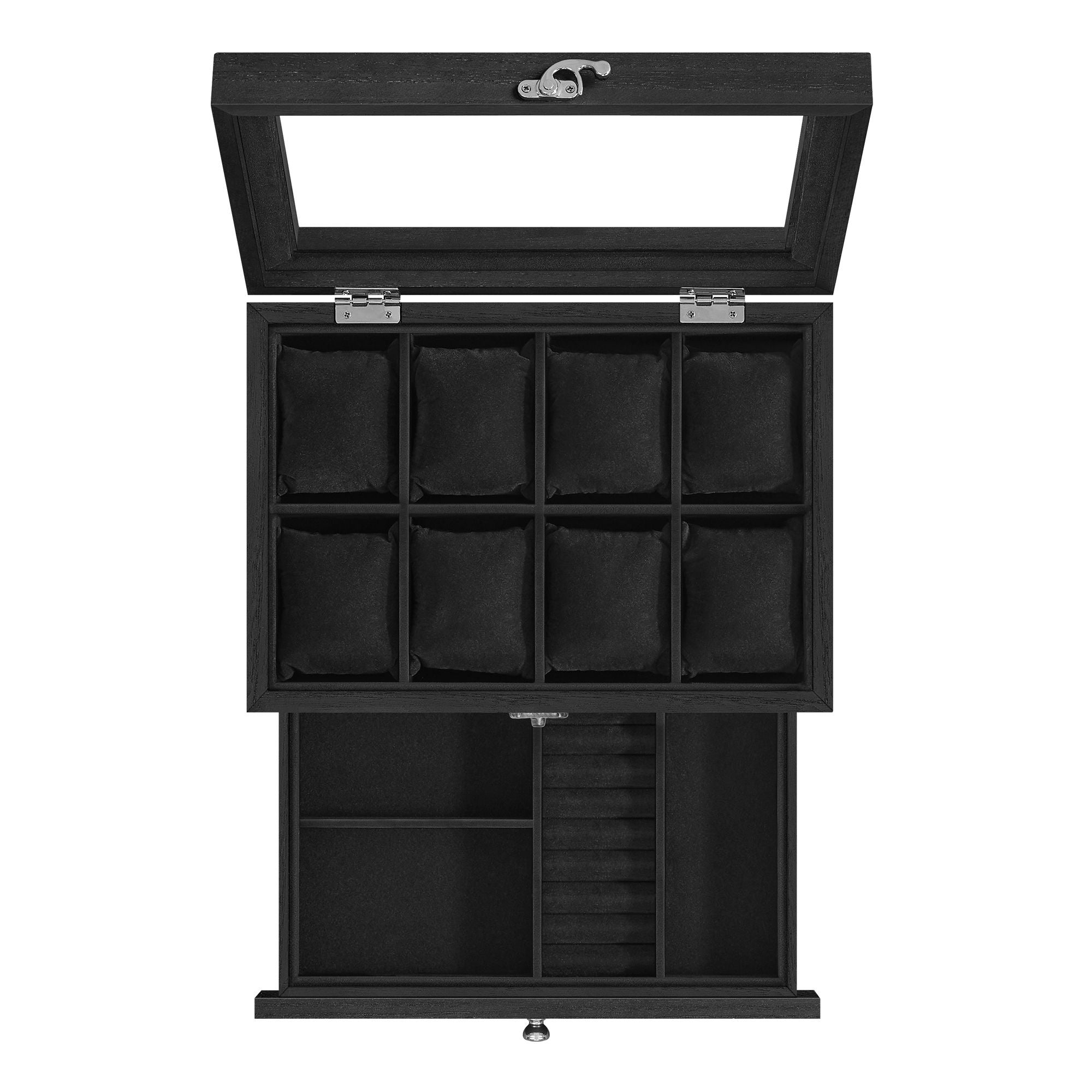 Horlogedoos – Glazen deksel – 8 vakken – Walnoot