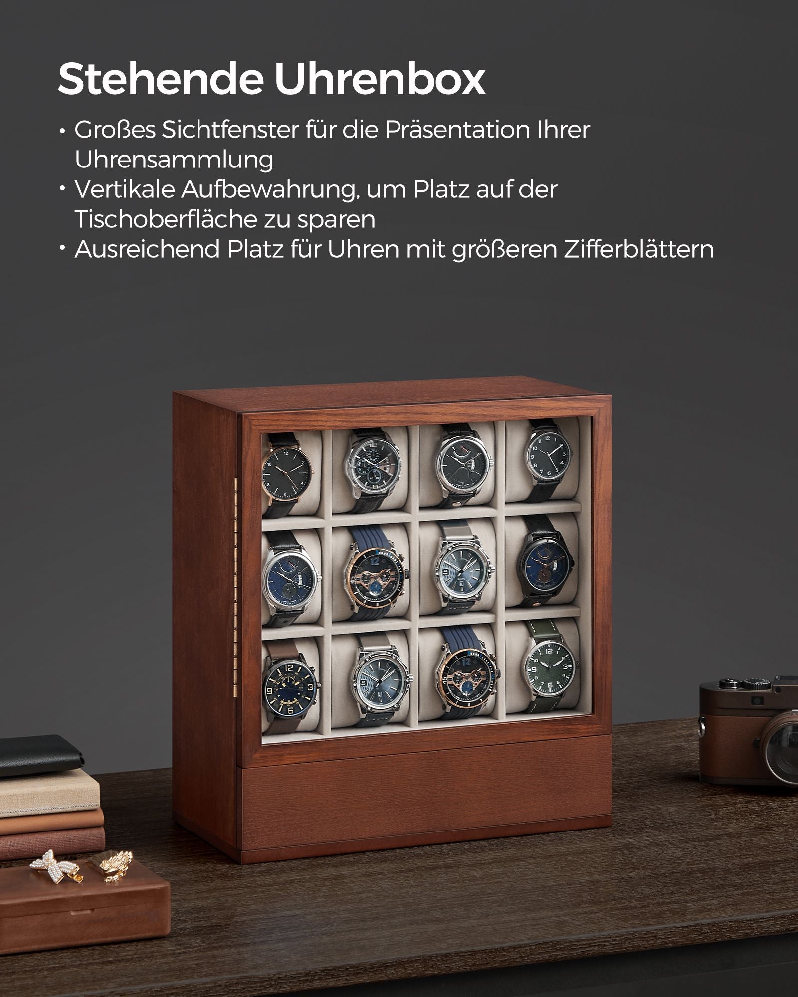 Horlogedoos – 12 vakken – met venster – cadeau-idee – koffiebruin
