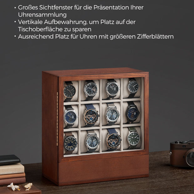 Horlogedoos – 12 vakken met venster – koffiebruin