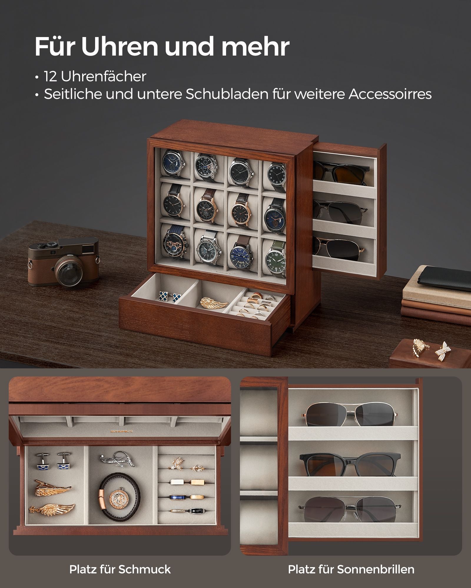 Horlogedoos – 12 vakken – met venster – cadeau-idee – koffiebruin